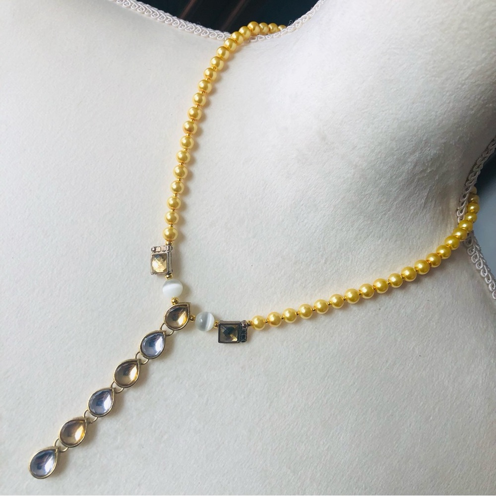 Handcrafted repurpose stay gold teardrop cascade Czech glass Pearl necklace